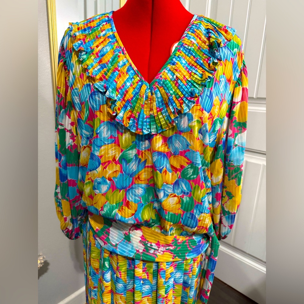 Diane Freis Vintage 80s Georgette Floral Two Piece Skirt Set Size L/XL